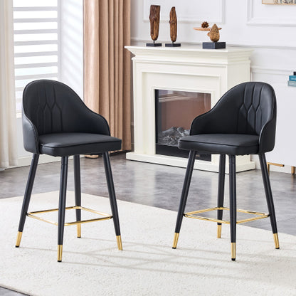 Set of 2 Black PU Leather Bar Stools: 37.7inch High, 25inch Seat Height, Gold Accent Footrest, Ideal for Kitchen Island, Home Bar & Dining Area, Available in Light Gray, White & Dark Gray Splicing Colors.