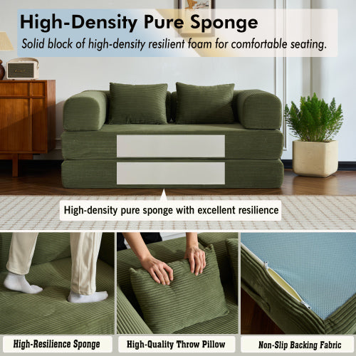 59-Inch Green Corduroy Convertible Sleeper Sofa-Bed Fixed-Shape Metal-Frame Floor Lounge Couch with Cylindrical Pillow No-Assembly