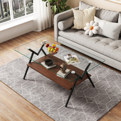 Rectangle Glass Coffee Table Black Metal Legs Modern Living Room Center Table 38 Inch