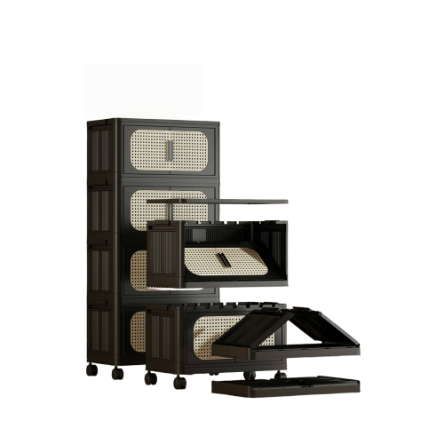 Retro Black 4 Tier Folding Storage Cabinet with Wheels Collapsible Magnetic Door 20 Inch