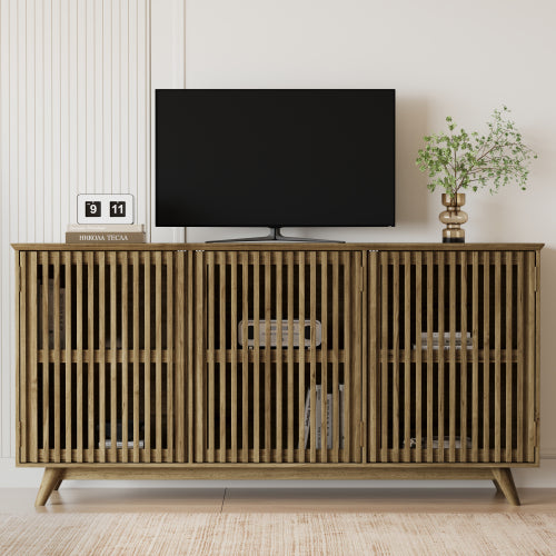 58.86 Inch Solid Knot-Free Pine Mid-Century TV Stand with Adjustable Shelf & Push-to-Open Doors