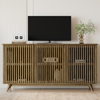 58.86 Inch Solid Knot-Free Pine Mid-Century TV Stand with Adjustable Shelf & Push-to-Open Doors