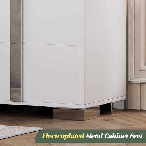 Modern End Table with Drawers, Elegant Nightstand with Metal Foot,Wood Bedside Table with Mirrored Metal Handles,Sofa Side End Table for Bedroom Living Room Office,White