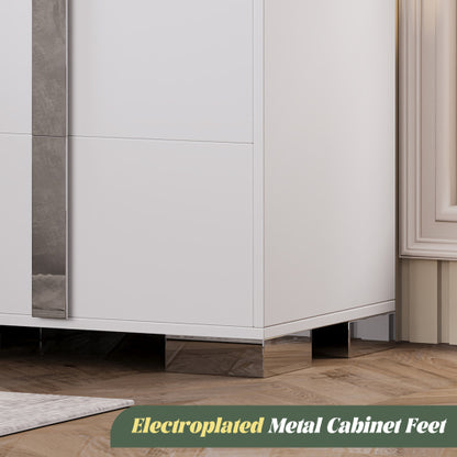 Modern End Table with Drawers, Elegant Nightstand with Metal Foot,Wood Bedside Table with Mirrored Metal Handles,Sofa Side End Table for Bedroom Living Room Office,White