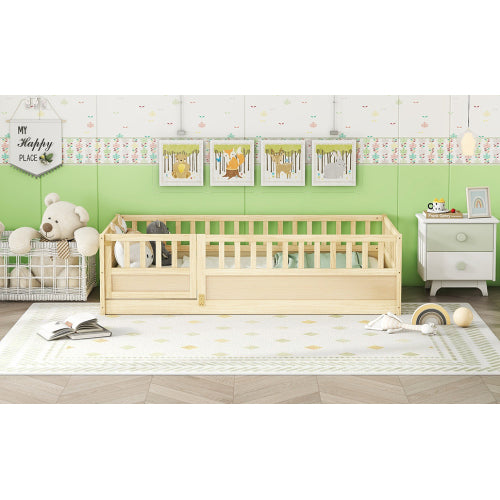 Twin Size Floor bed, integral construction with super high security barrier, door, children's floor bed frame, Montessori wooden children's floor bed,Natural Wood