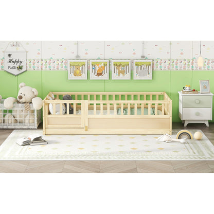 Twin Size Floor bed, integral construction with super high security barrier, door, children's floor bed frame, Montessori wooden children's floor bed,Natural Wood