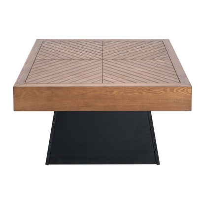 31.5inch  Square Mid-Century Coffee Table, Brown Wood-Grain Top & Black Base Farmhouse Center Table