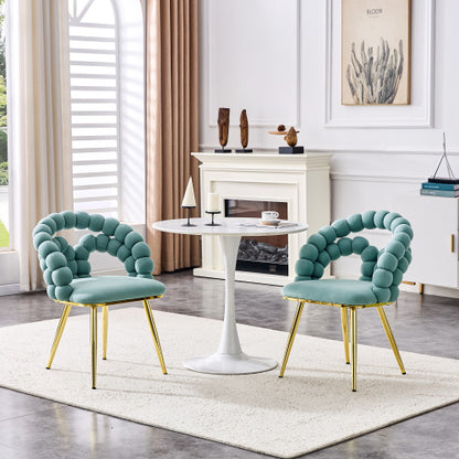 2 Pack Blue Dutch Velvet Dining Chairs, Ball-Chain Bubble Back Chairs with Gold Electroplated Metal Legs