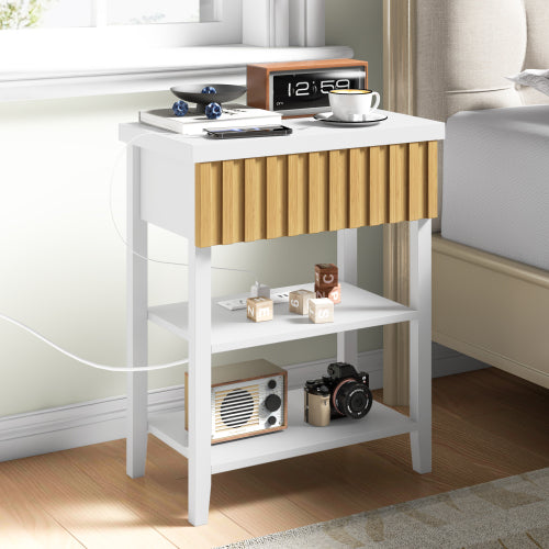 Set of 2 Fluted Nightstands with Charging Station, Farmhouse Side Table with Drawer and Open Shelves