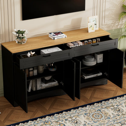 Black Farmhouse Wood Grain Top TV Stand With 2 Drawers For 70 Inch TV