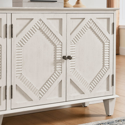 65.2 inch Mid Century Modern Sideboard Buffet Cabinet with Storage, Symmetrical Geometric Accent Coffee Bar Wine Bar Storage Cabinet, Large Console Table for Living Room/Entryway/Kitchen, Antique White