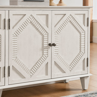 65.2 inch Mid Century Modern Sideboard Buffet Cabinet with Storage, Symmetrical Geometric Accent Coffee Bar Wine Bar Storage Cabinet, Large Console Table for Living Room/Entryway/Kitchen, Antique White