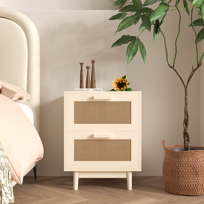 Rattan Nightstand, Wood End Table, Side Table with 2 Faux Rattan-Decorated Drawers, Bedside Table,Wood Accent Table with Storage for Livingroom, Bedroom,Burly wood