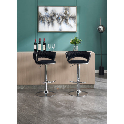 Set of 2 Bar Stools,with Chrome Footrest and Base Swivel Height Adjustable Mechanical Lifting Velvet + Chrome  Leg Simple Bar Stool-BLACK