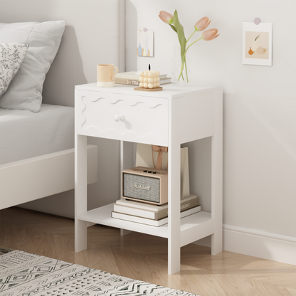 White Nightstand with Drawer and Open Shelf, Modern Wave Pattern Bedside Table, Solid Wood Frame End Table for Bedroom, Living Room, Small Spaces