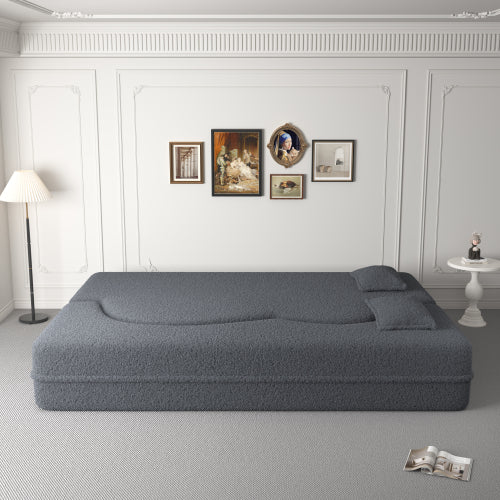 Grey Full-Size Convertible Sherpa-Fleece Floor Sofa-Bed 15 inch  Height with 2 Pillows No-Assembly Folding Mattress for Living-Room Play-Room