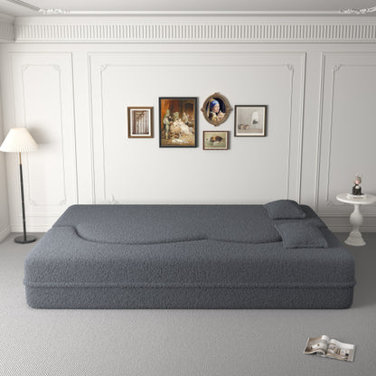 Grey Full-Size Convertible Sherpa-Fleece Floor Sofa-Bed 15 inch  Height with 2 Pillows No-Assembly Folding Mattress for Living-Room Play-Room