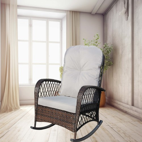 Outdoor Wicker Rocking Chair with Wide Seat, Thick, Soft Cushion, Rattan Rocker w/Steel Frame, High Weight Capacity for Patio, Garden, Backyard, Grey Cushion