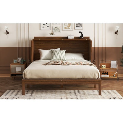 Queen Murphy Cabinet Bed with Charging Station Drawer and Rattan Panels Walnut