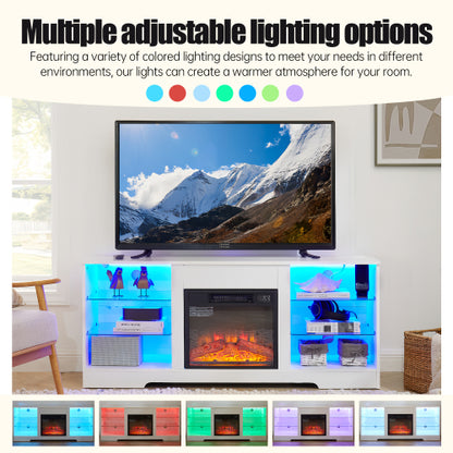 58 Inch White Electric Fireplace TV Stand 3D Color LED Light Media Cabinet with USB Power Outlet for 65 Inch TV