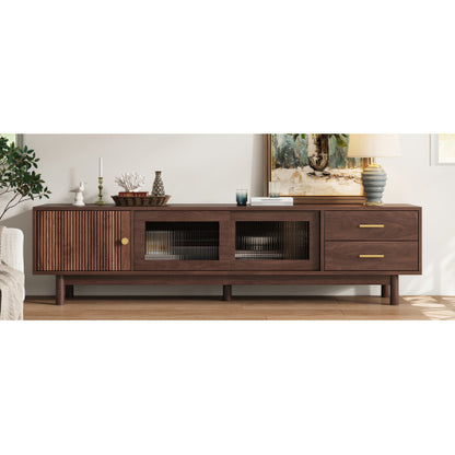 70.86 inch Dark Brown Mid Century Wave Glass Sliding Door TV Stand Pine Leg Console For 80 inch TV