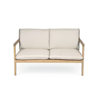 Outdoor Acacia Wood Loveseat with Coffee Table, Light Teak Frame, Beige Cushion