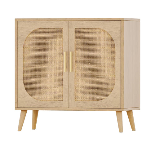 Farmhouse Buffet Cabinet with Rattan Doors Solid Wood Feet 4 Compartment Storage Cabinet
