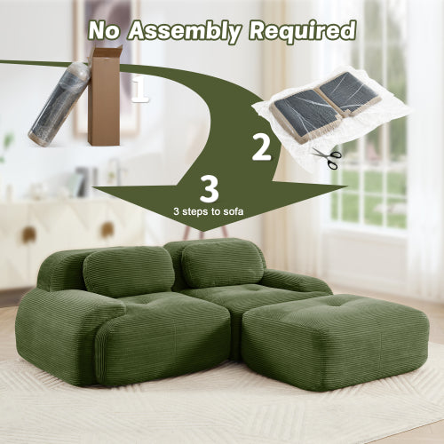 82-Inch Olive Green Corduroy L-Shaped Modular Sectional Sofa Curved Armrest