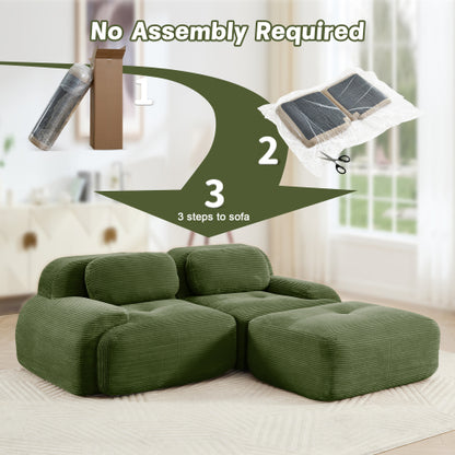 82-Inch Olive Green Corduroy L-Shaped Modular Sectional Sofa Curved Armrest