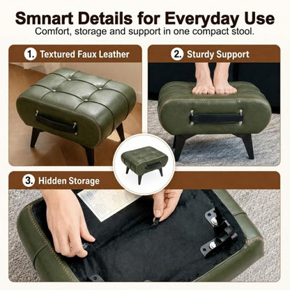 Tufted Faux Leather Rectangular Storage Ottoman with Handle, Metal Leg Multiuse Foot Stool for Entryway Apartment