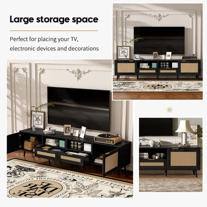 78.74 Inch Farmhouse Rattan TV Stand Solid Wood Leg Media Console Supports 85 Inch TV