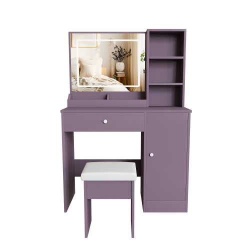 Purple Modern Vanity Desk Set, Dimmable 3?Color LED Mirror, MDF Build, Padded Stool for Bedroom Apartment