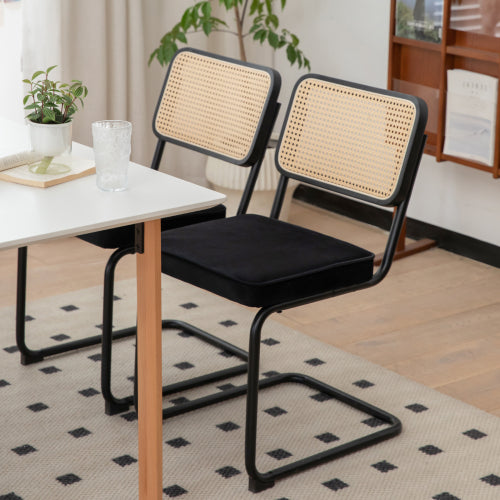 Set of 2 Black Velvet Rattan Cantilever Dining Chairs, Chrome Tubular Steel Breuer Stackable Side Chairs