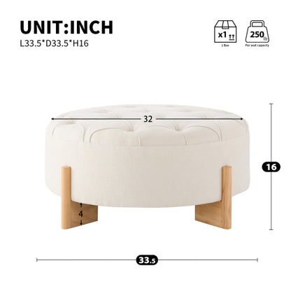 Beige Round Chenille Tufted Ottoman, 32 Inch Button Tuft Footrest with L-Shaped Rubberwood Legs, 250 LBS Capacity