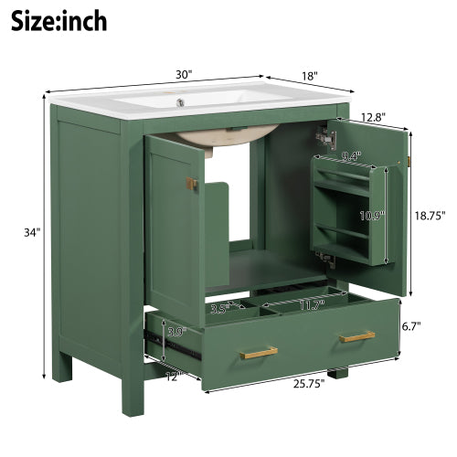 30 Inch Green Bathroom Vanity with Single Sink, Combination Under Counter Sink, Bathroom Storage Cabinet with 2 Doors and a Drawer, Soft Closure, Multifunctional Storage(WF324043)