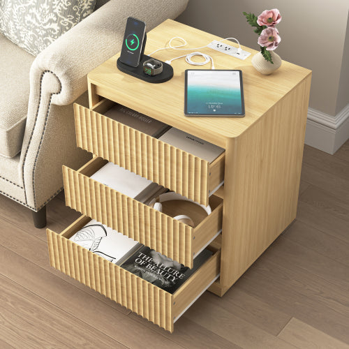 Natural Wood 3-Drawer Nightstand Set with USB-C Charger
