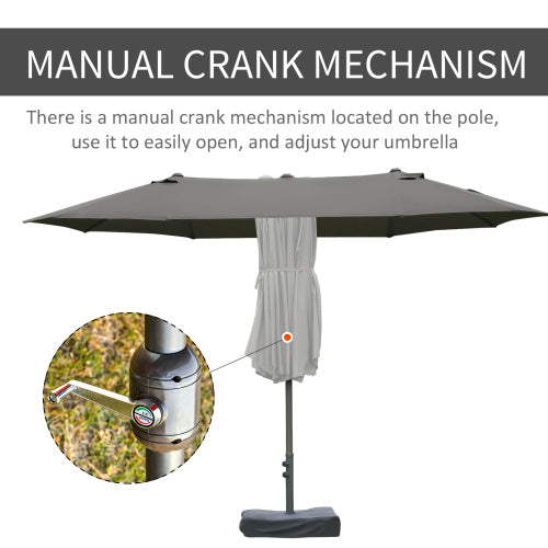 Patio Umbrella 15' Steel Rectangular Outdoor Double Sided Market with base, Sun Protection & Easy Crank for Deck Pool Patio, Dark Gray