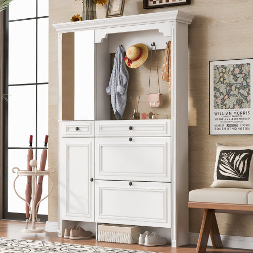 54.7 inch Hall Tree with Integrated Shoe Cabinet and Mirrored Cabinet Door, Coat Hanger, Entryway Bench, 4-in-1 Design, 2 Flip Drawers, 4 Hooks and 2 Cabinets for Entrance,Living Room