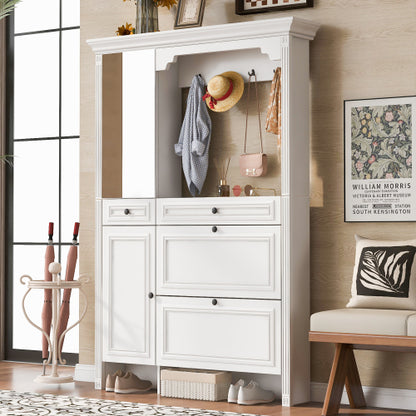 54.7 inch Hall Tree with Integrated Shoe Cabinet and Mirrored Cabinet Door, Coat Hanger, Entryway Bench, 4-in-1 Design, 2 Flip Drawers, 4 Hooks and 2 Cabinets for Entrance,Living Room