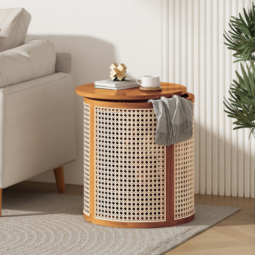 Ochre Round Rattan End Table, 15.7 Inch Woven Side Table with Rubber Wood Top, Small Accent Table for Bedroom Living Room