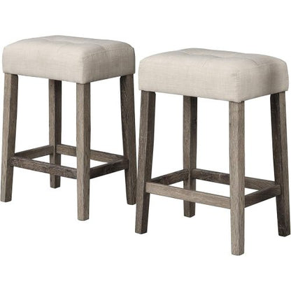 3-Piece Antique Oak Counter Height Dining Set, Solid Wood Table with Outlet & 2 Tufted Linen Stools