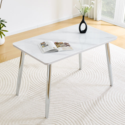 Marble Pattern Glass Dining Table with Silver Tapered Metal Legs