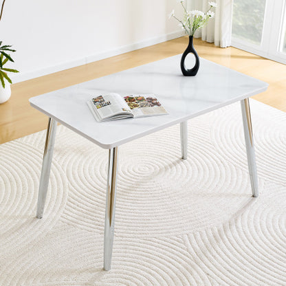 Marble Pattern Glass Dining Table with Silver Tapered Metal Legs