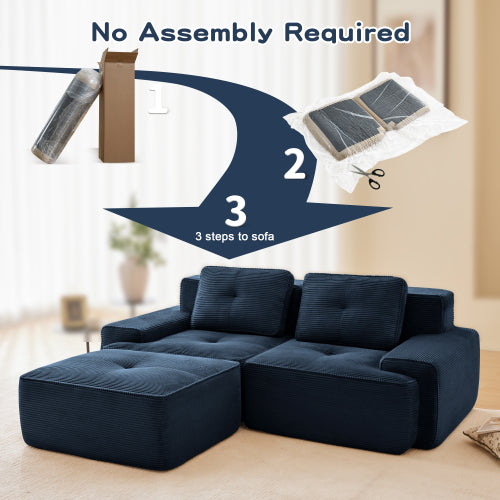 82 inch  Blue Corduroy L-Shape Modular Sofa, Movable Ottoman, No Assembly