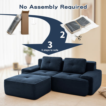 82 inch  Blue Corduroy L-Shape Modular Sofa, Movable Ottoman, No Assembly