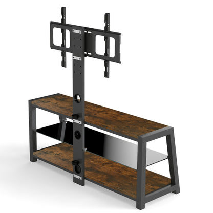 Rustic Brown Swivel TV Stand, Black Tempered Glass Height Adjustable Cart with Power Outlets for 32-65 Inch TV