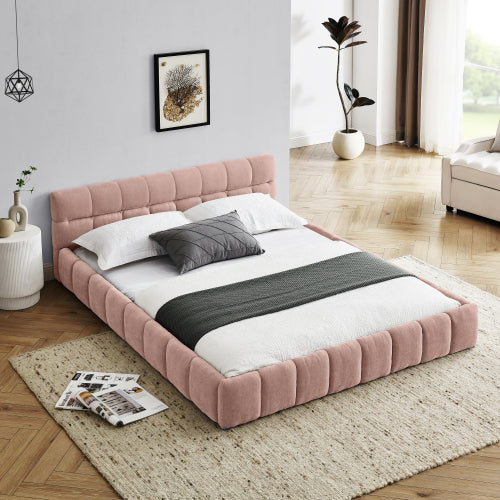 Queen Size Upholstered Bed Frame with Thick Fabric, Chenille Fabric Grounded Queen Size Platform Bed with Headboard and Solid Frame. No Box Spring Needed, PINK(68inch *86.5inch *23.5inch )
