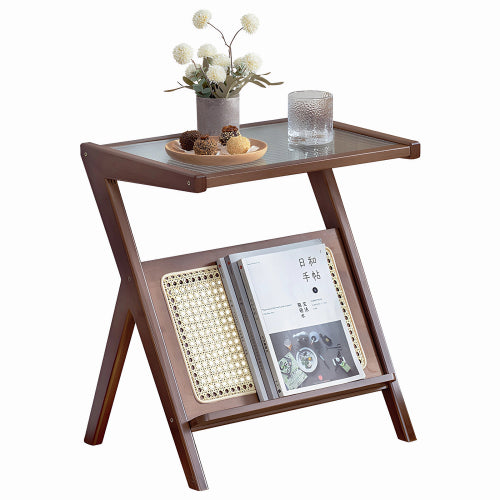 Boho Rattan Bamboo Glass Side Table with Storage, Brown