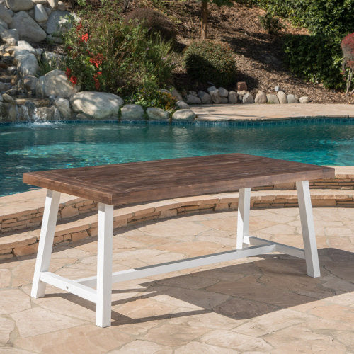 Outdoor Dark Brown Sandblast Finish Acacia Wood Dining Table with White Rustic Metal Finish Frame