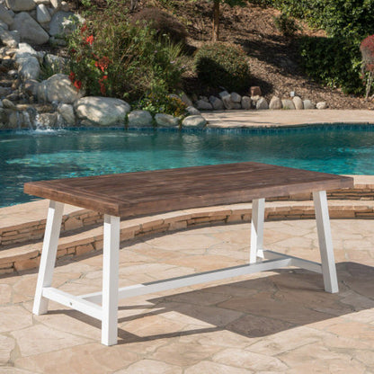Outdoor Dark Brown Sandblast Finish Acacia Wood Dining Table with White Rustic Metal Finish Frame